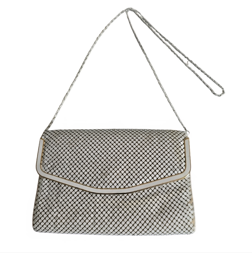 Vintage White Mesh Metal Shoulder Purse Gold Tone Trim White Interior Handbag